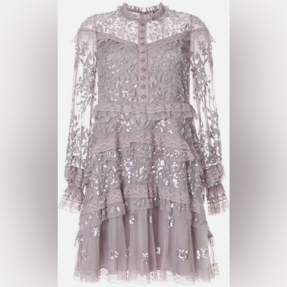 Needle & Thread Women’s Silver Lace Ava Embroidered Sequin Mini Dress Size 8